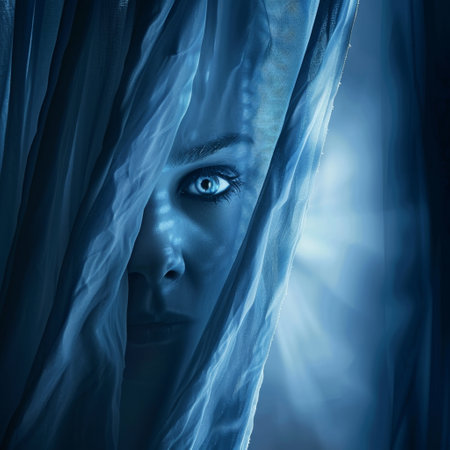 Mysterious woman peeking through a sheer blue veilの素材