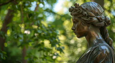 Bronze statue of a woman in a serene park settingの素材