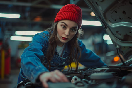 Confident young mechanic inspecting car engine in garageの素材