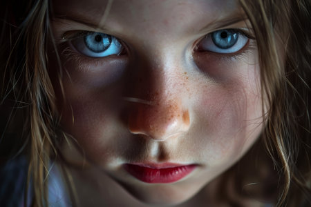 Intense gaze of a young girl with striking blue eyesの素材