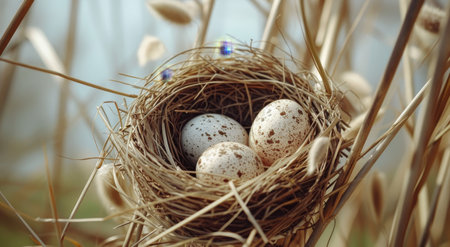 Bird eggs nestled in a natural nest among reedsの素材