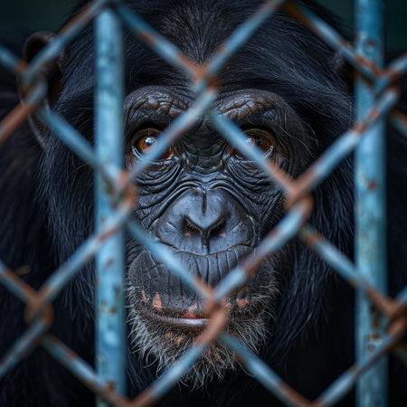 Chimpanzee behind bars looking directly at the cameraの素材