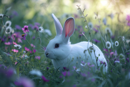 White rabbit in a colorful flower meadowの素材