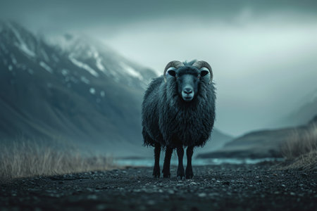 Majestic black sheep standing on a mountain road with misty hills in the backgroundの素材