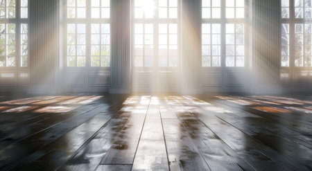 Sunlight streaming through large windows in an empty room with wooden floorsの素材