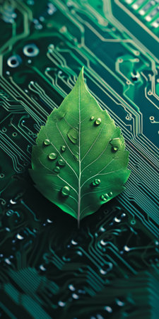 Green leaf with water droplets on a circuit boardの素材