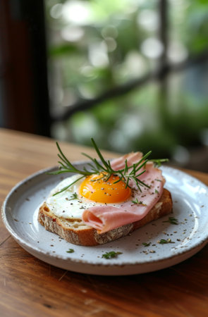 Delicious breakfast toast with smoked ham and sunny side up eggの素材