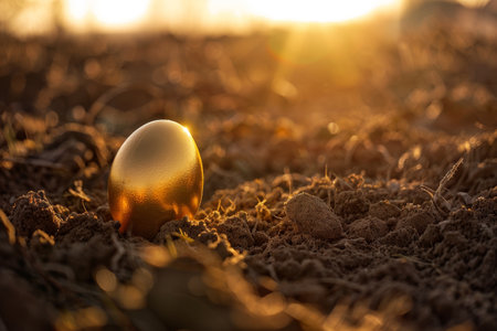 Golden egg in a field at sunsetの素材