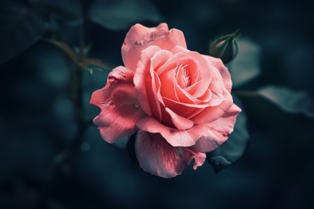 Elegant pink rose in full bloom against a dark backgroundの素材