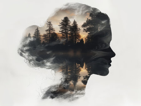 Silhouette of a Human Head Blended with a Forest Landscape at Sunsetの素材