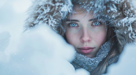 Winter Portrait of a Young Woman Peering Through Snowflakesの素材