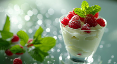 Fresh Raspberry Dessert with Mint Garnishの素材