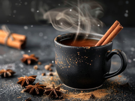 Steaming hot tea with cinnamon in a rustic mugの素材