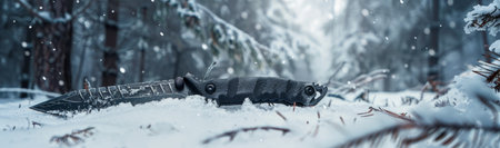 Survival knife in a snowy forestの素材