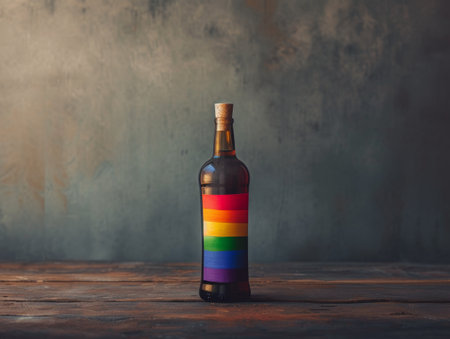 Colorful rainbow-striped bottle on a rustic wooden tableの素材