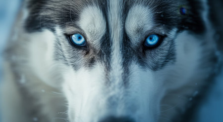 Intense gaze of a blue-eyed husky in a cold settingの素材