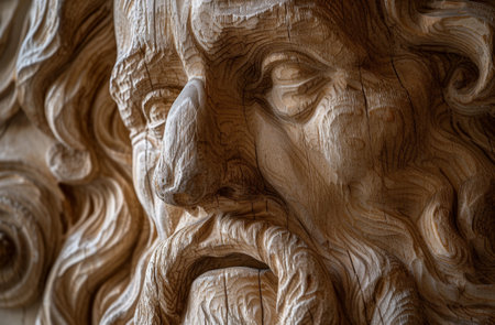 Detailed Wooden Carving of a Bearded Manの素材