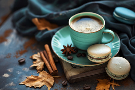 Cozy Autumn Coffee Break with Macarons and Spicesの素材