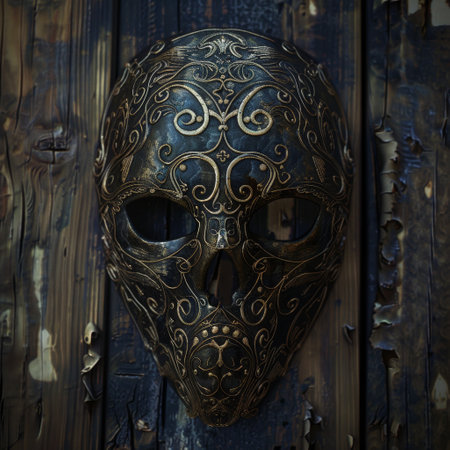 Ornate antique mask hanging on a rustic wooden doorの素材