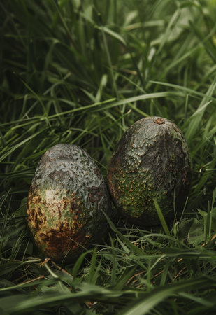 Fresh avocados with dew drops nestled in green grassの素材