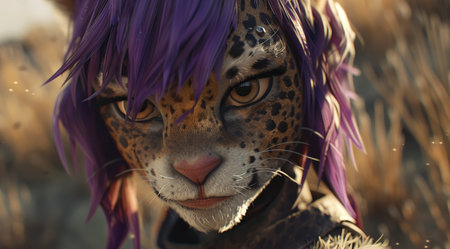 Fantasy Leopard Character with Purple Hair in a Magical Meadowの素材