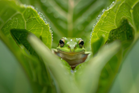 Green frog peeking through dewy leavesの素材
