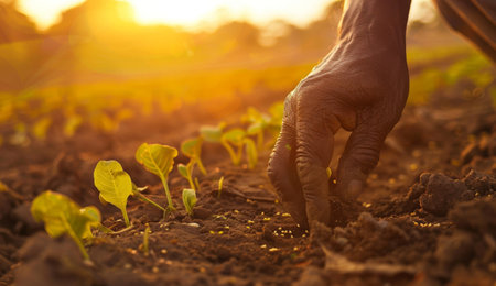 Farmer nurturing young plants in soil at sunsetの素材