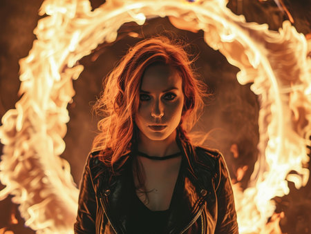 Intense woman with fiery backgroundの素材