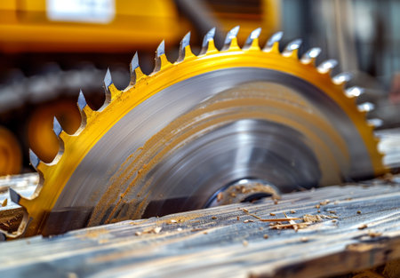 Close-up of a spinning circular saw blade cutting through woodの素材