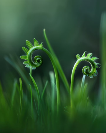 Spiral green ferns emerging in lush meadowの素材
