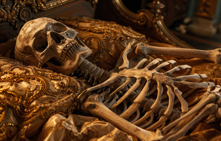 Human skeleton lying on an ornate golden couchの素材