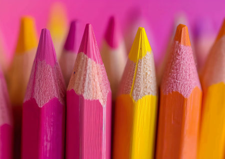 Colorful pencils on a vibrant pink backgroundの素材