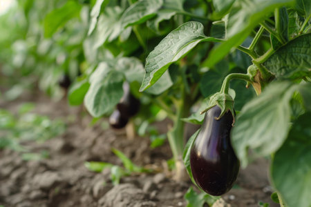 Fresh eggplant growing in a lush gardenの素材