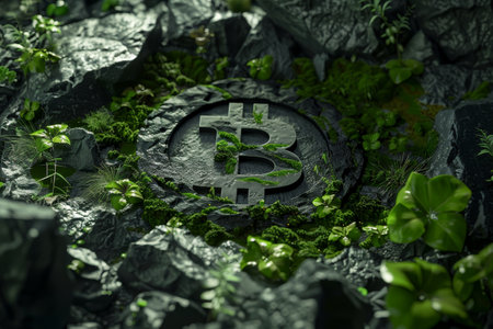 Bitcoin symbol embedded in a lush green rocky landscapeの素材