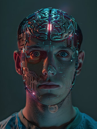 Futuristic Portrait of a Man with a Cybernetic Brain Interfaceの素材