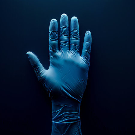 Blue latex glove on a dark backgroundの素材