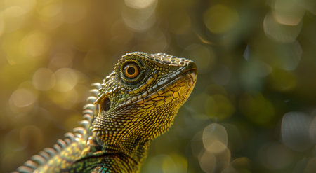 Close-up of a green lizard in natural sunlightの素材