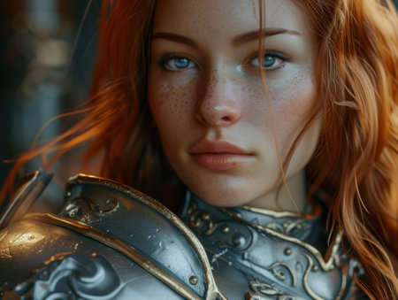 Portrait of a young woman in medieval armor looking thoughtfulの素材