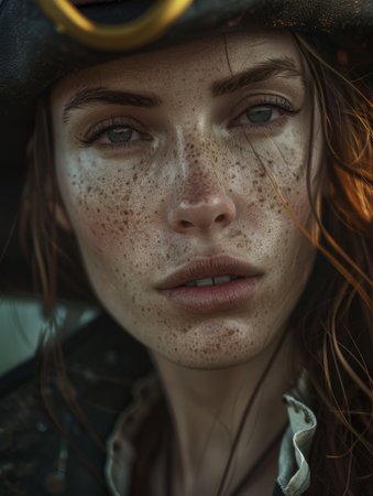 Intense portrait of a young woman with freckles wearing a steampunk hatの素材