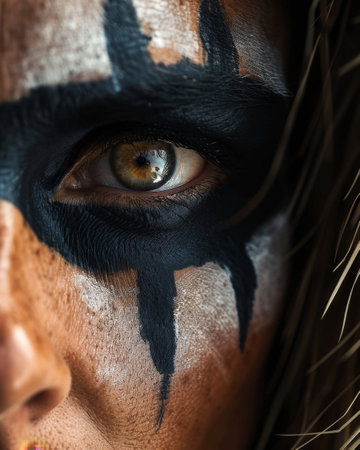 Intense gaze with tribal face paintの素材