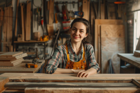 Confident female carpenter in her workshopの素材