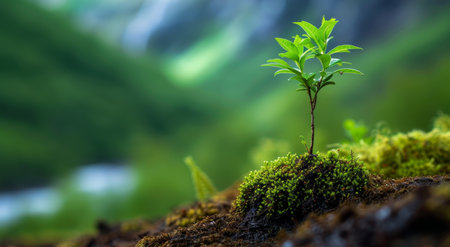 Young plant sprouting in a lush green forestの素材