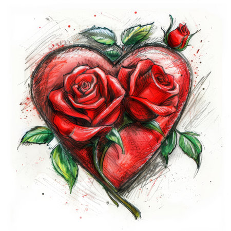 Artistic Illustration of a Heart with Rosesの素材