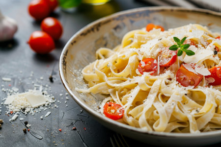 Freshly prepared fettuccine pasta with cherry tomatoes and parmesanの素材