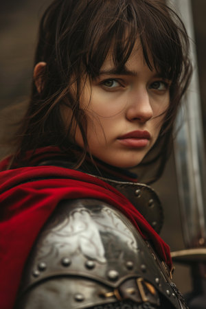 Medieval warrior woman in armor with a determined expressionの素材