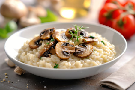 Delicious mushroom risotto served on a white plateの素材