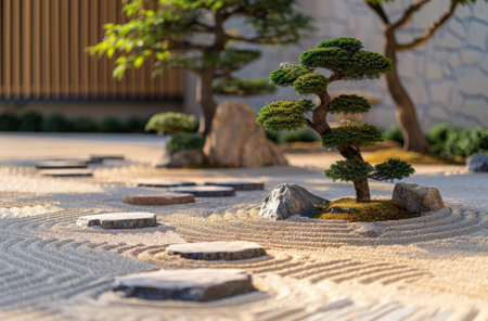 Serene Japanese Zen Garden with Bonsai and Raked Sandの素材