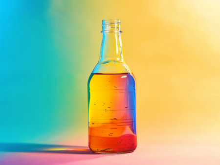 Colorful liquid in a clear bottle against a vibrant backgroundの素材