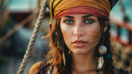 Portrait of a young woman in bohemian style with headscarfの素材