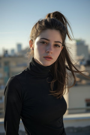 Young woman with a ponytail standing on a rooftopの素材